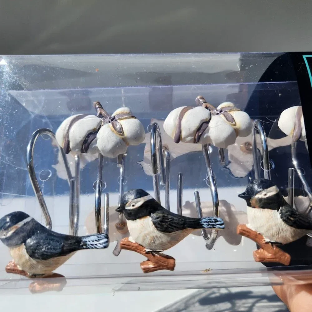 NEW Shower Curtain Hooks Multicolor Chickadee Bird Bathroom Decor Cotton Ball Pl